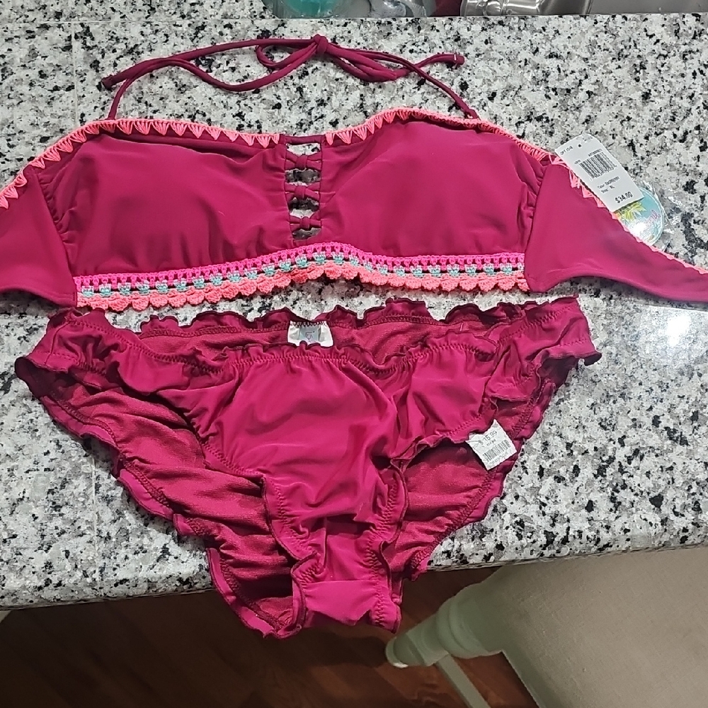 Island Soul Wine Bikini Swimsuit, Hot Pink&Orange Rope Thread Lace Accents, New